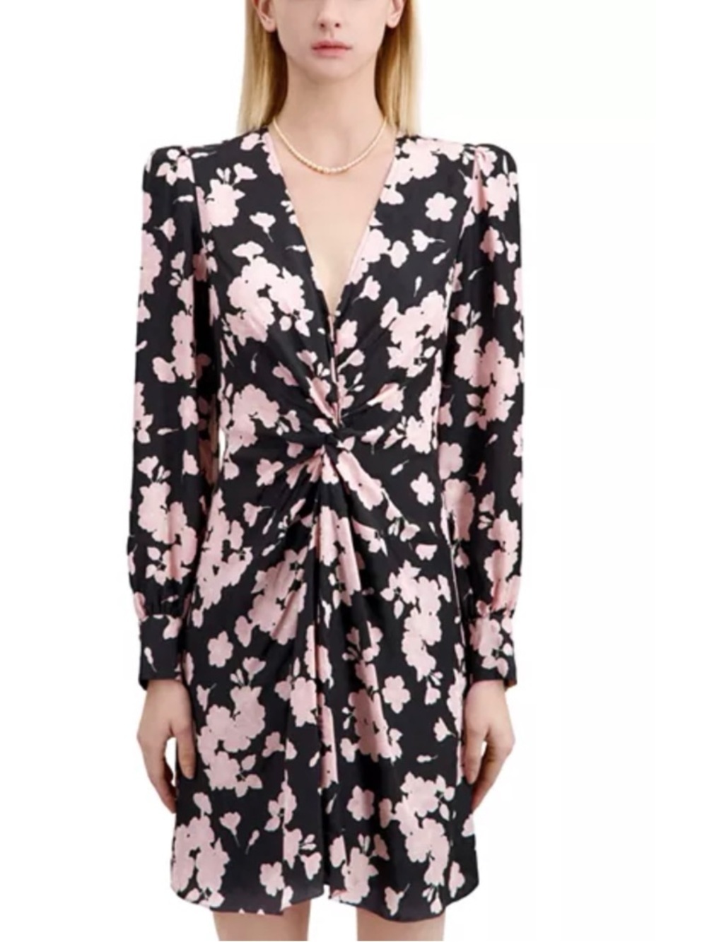 NWT THE KOOPLES Japanese Floral Twist Front V-Neck Dress Black Pink Sz 2 Medium